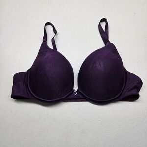 Lily Of France Women Bra 34B Purple Floral T Shirt Underwired Lace Knit